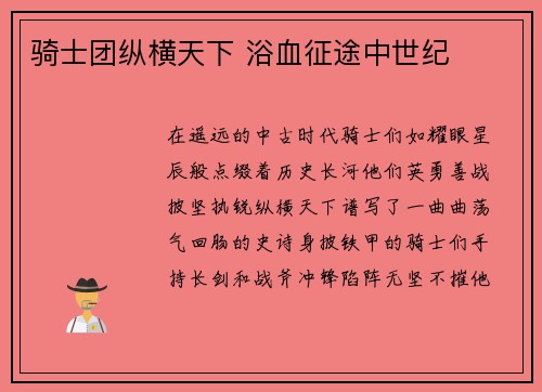 骑士团纵横天下 浴血征途中世纪